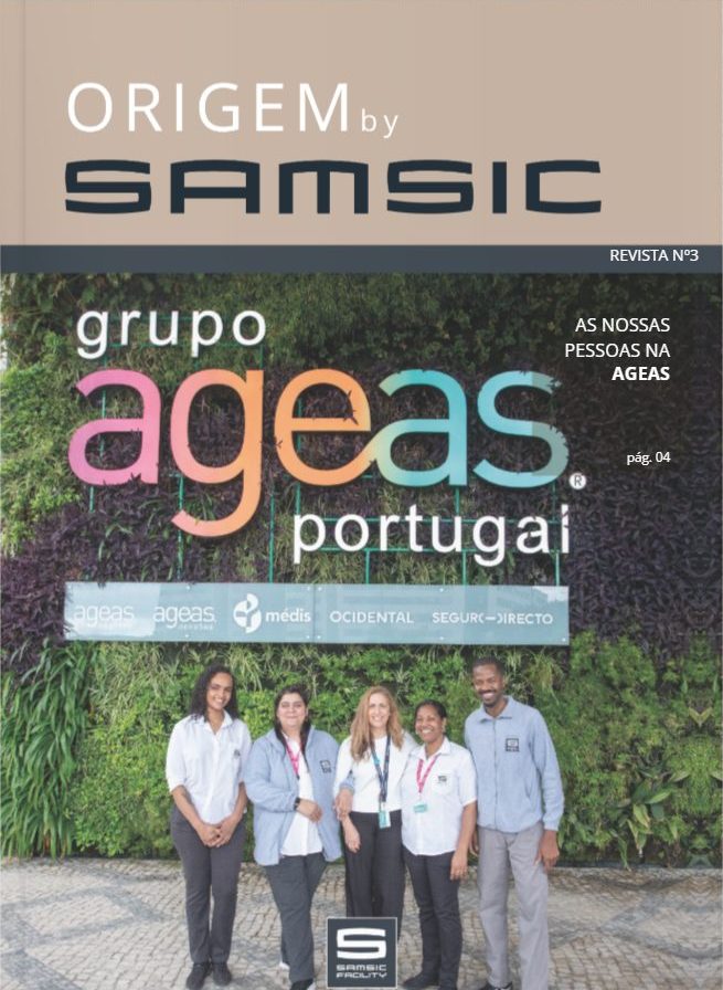 Revista Origem - 5 pessoas com o logotipo da Ageas atrás 