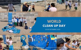 uma imagem com fundo de areia, onde os trabalhadores estão a fazer limpeza a uma praia para combater a poluição - World Clean Up Day