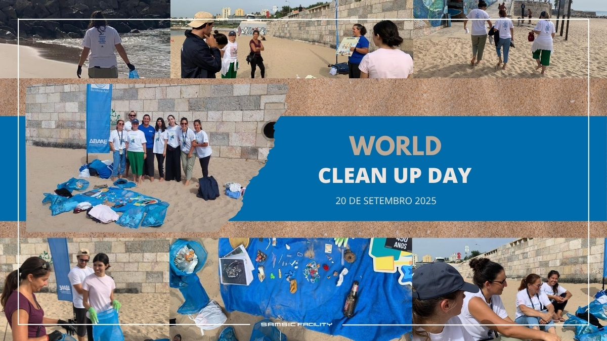 uma imagem com fundo de areia, onde os trabalhadores estão a fazer limpeza a uma praia para combater a poluição - World Clean Up Day